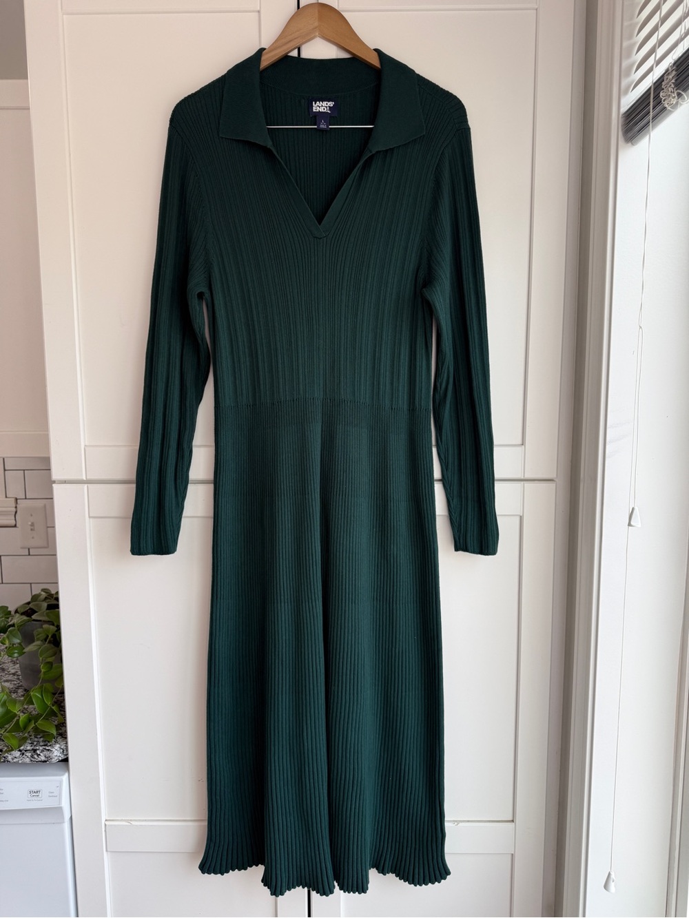 Lands’ End Forest Green Ribbed Knit Midi Sweater Dress Size L 14–16 Fall/Winter